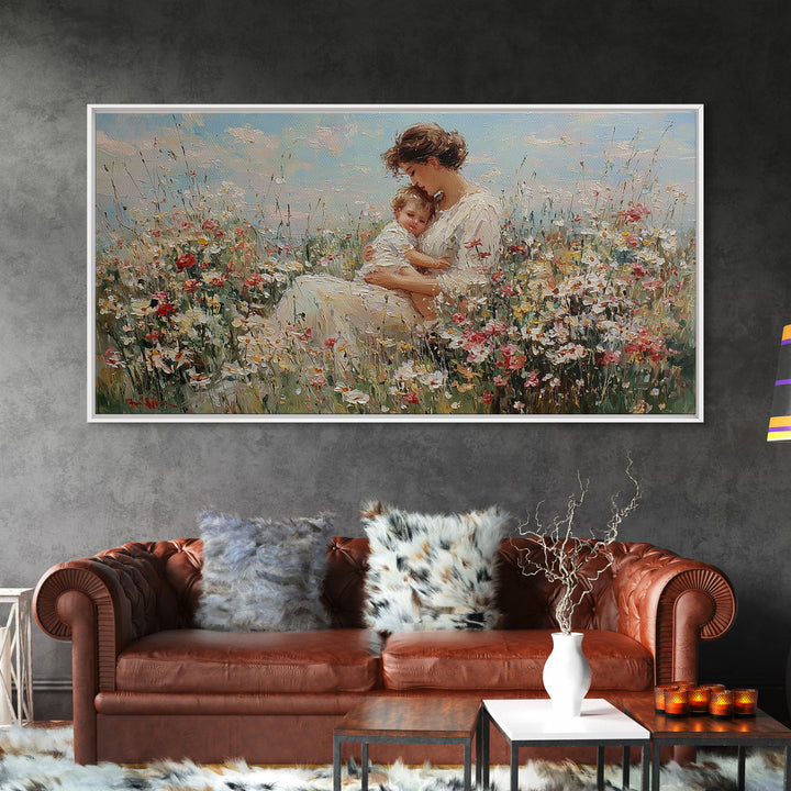 Mother And Baby Embraced Among Daisies Wall Art, Impressionist Floral Canvas Print, Nursery Wall Decor, Gift For Her, Motherhood Gift