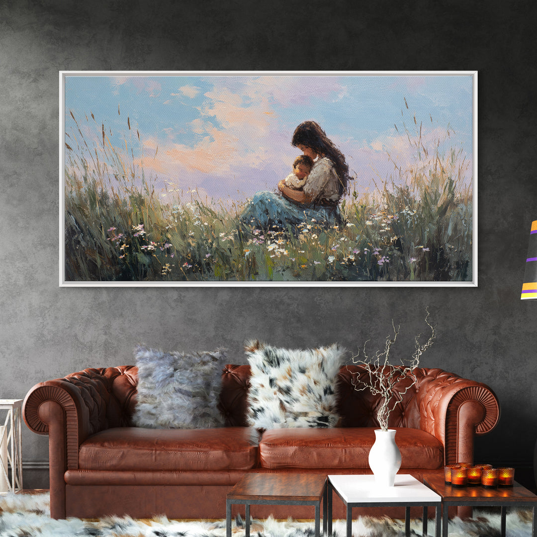 Mother Holding Baby At Sunset Meadow Canvas Print, Boho Wildflower Wall Art, Nursery Decor, Gift For New Mom, Bedroom Decor