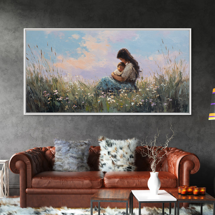 Mother Holding Baby At Sunset Meadow Canvas Print, Boho Wildflower Wall Art, Nursery Decor, Gift For New Mom, Bedroom Decor