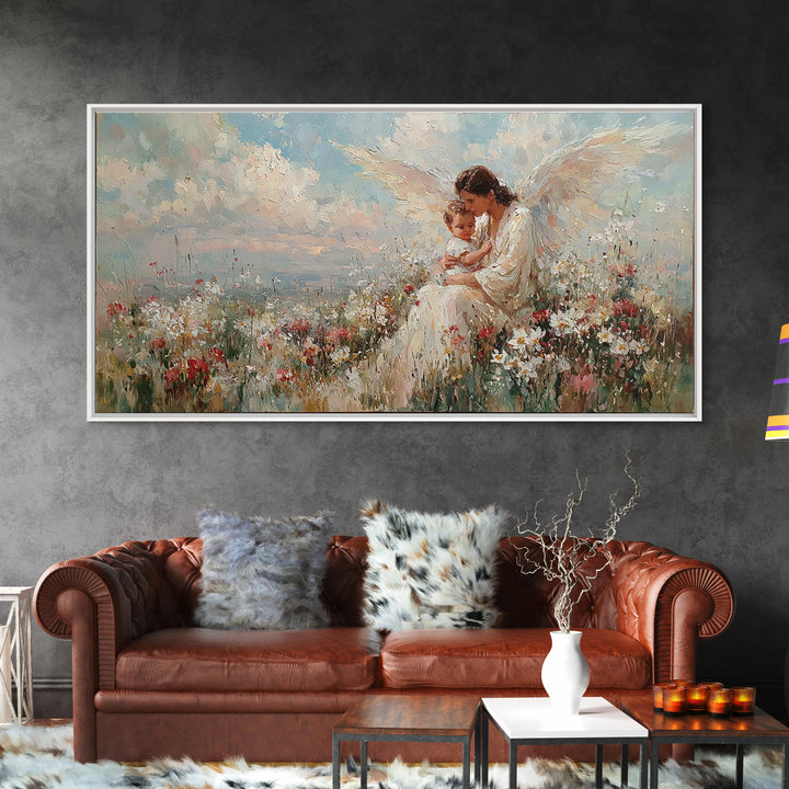 Guardian Angel Mother With Child In Flowers Framed Canvas Print, Heavenly Wall Art, Spiritual Nursery Decor, Gift For Her