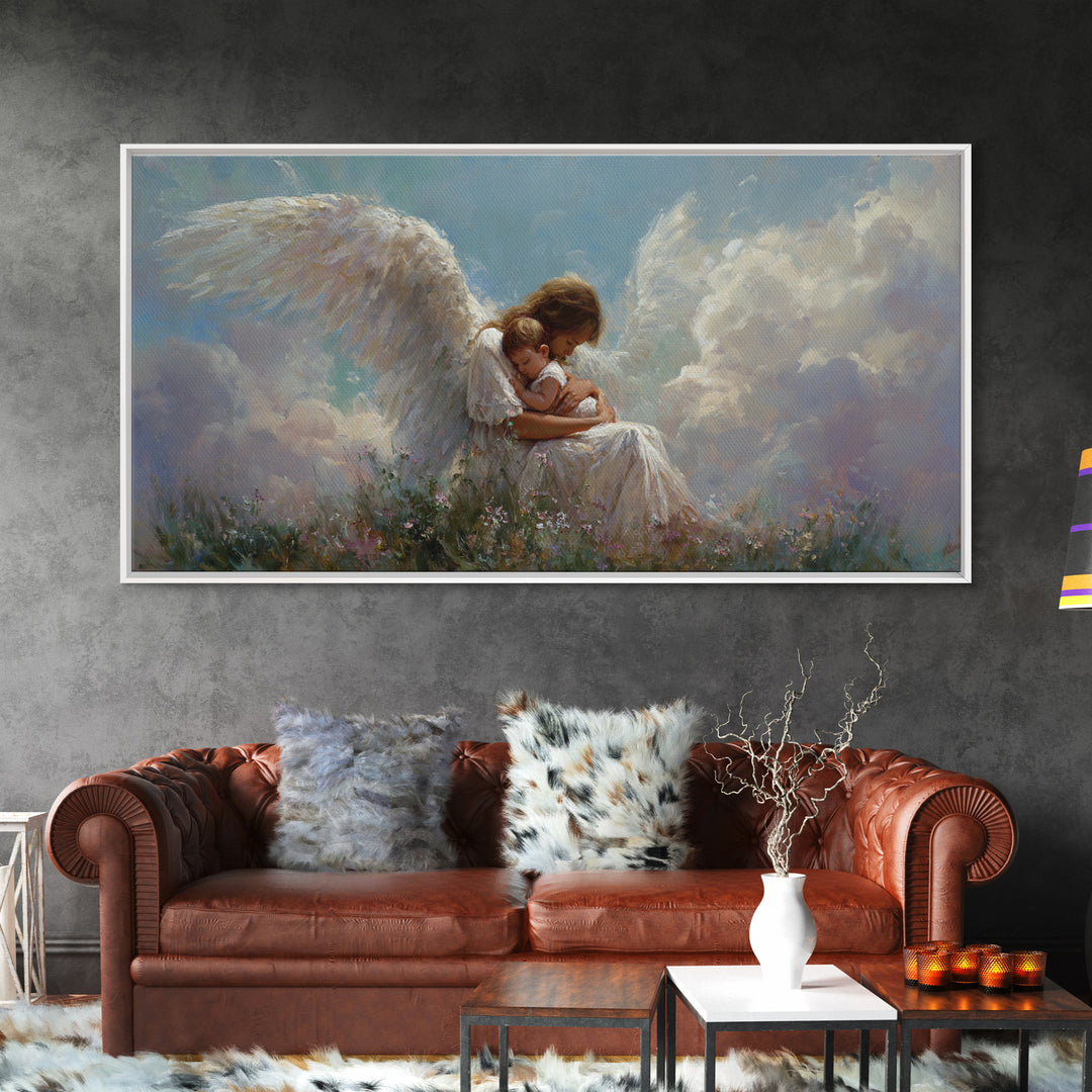 Guardian Angel Embracing Child In Clouds Wall Art, Heavenly Framed Canvas Print, Christian Nursery Decor, Sympathy Gift For Her