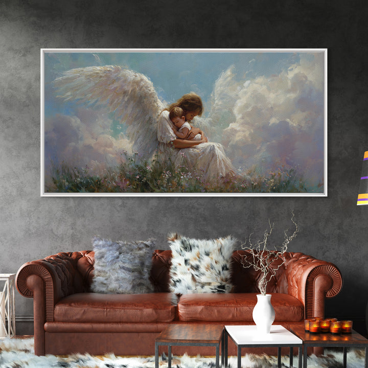 Guardian Angel Embracing Child In Clouds Wall Art, Heavenly Framed Canvas Print, Christian Nursery Decor, Sympathy Gift For Her