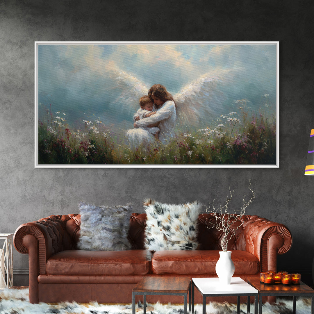 Guardian Angel Embracing Baby In Wildflower Meadow Framed Canvas Print, Christian Nursery Wall Art, Gift For Mom, Spiritual Home Decor
