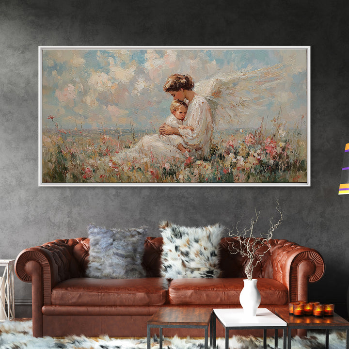 Seated Guardian Angel With Infant In Pastel Wildflowers Canvas Print, Christian Wall Art, Nursery Decor, Baby Shower Gift