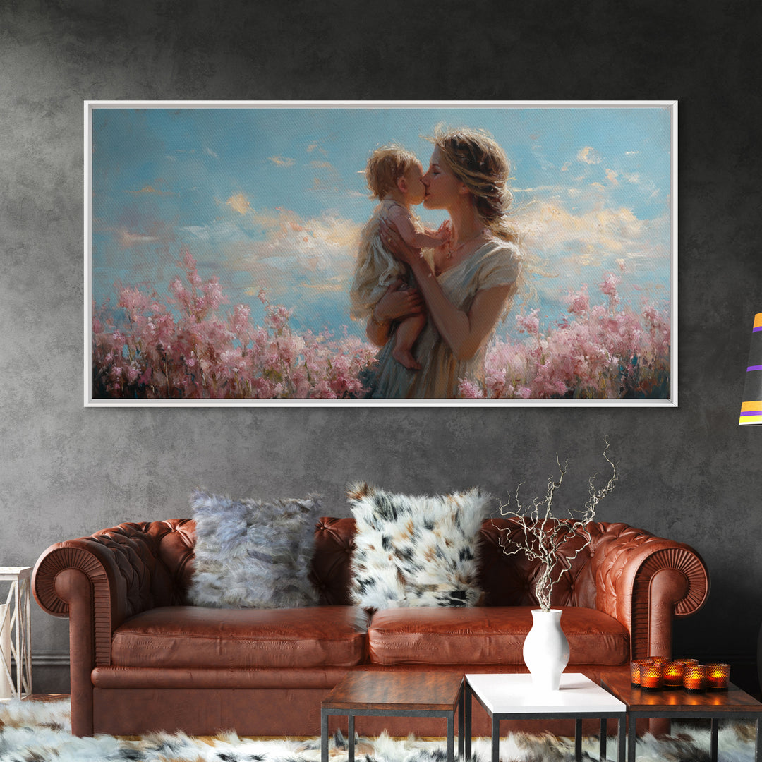 Tender Mother Kissing Child Among Pink Blossoms Wall Art, Feminine Nursery Decor, Mothers Day Gift, Living Room Art, Home Decor