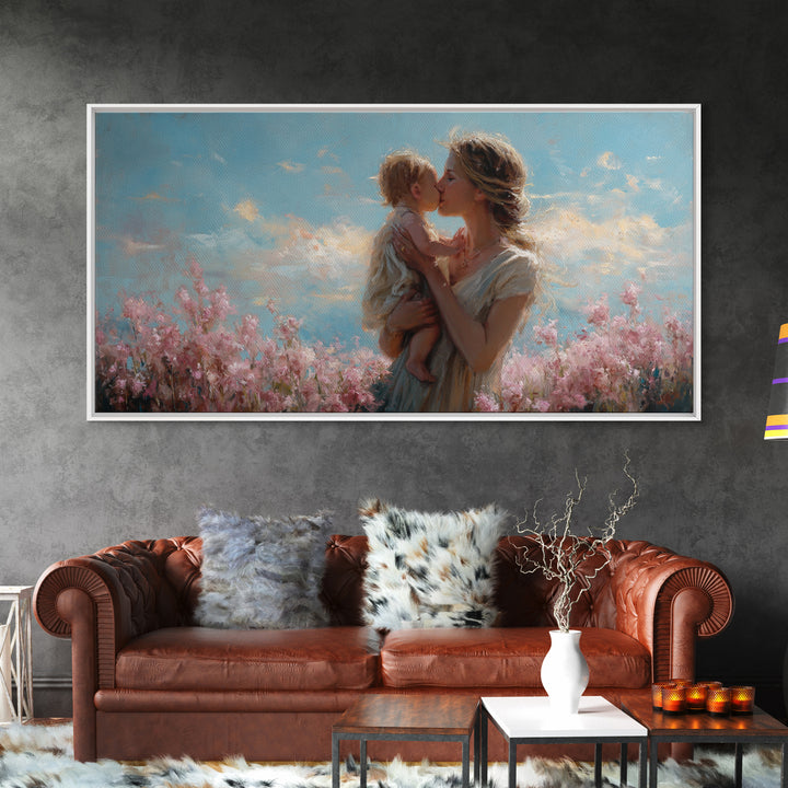 Tender Mother Kissing Child Among Pink Blossoms Wall Art, Feminine Nursery Decor, Mothers Day Gift, Living Room Art, Home Decor