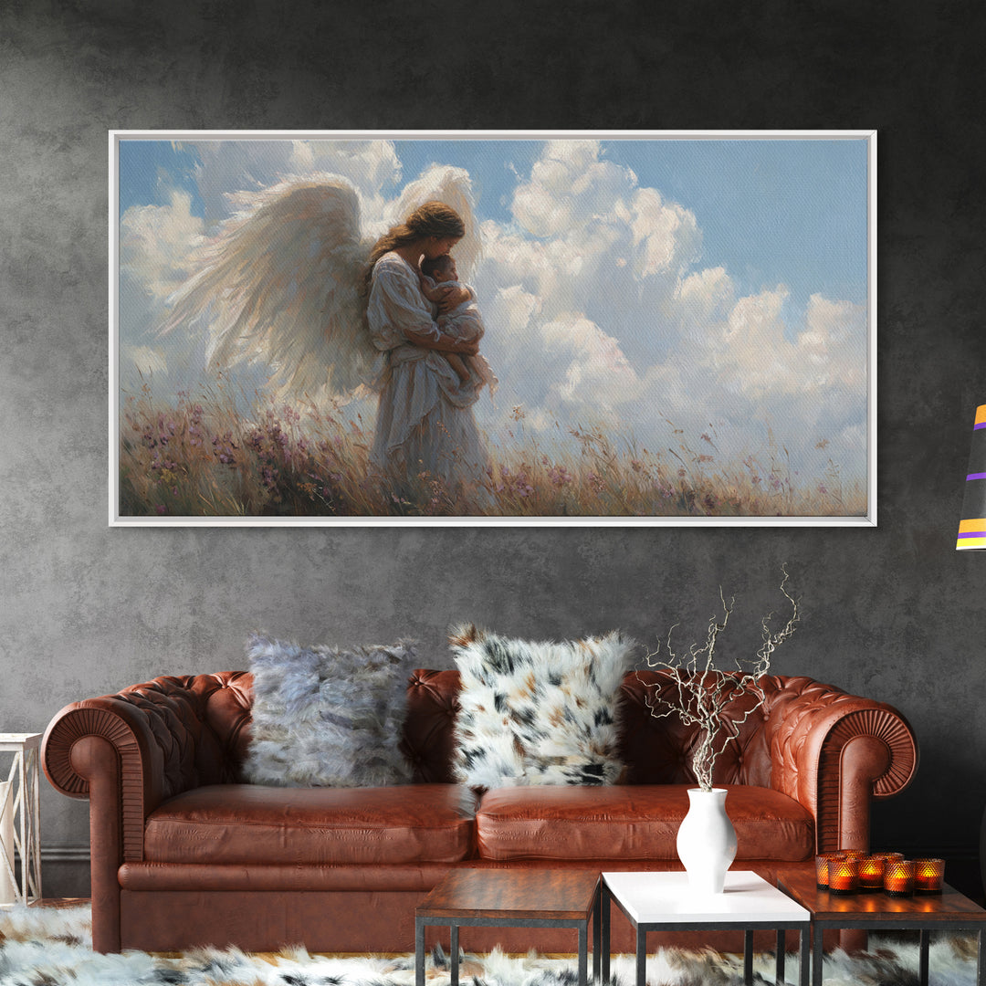 Angel Mother Cradling Baby Beneath Bright Clouds Framed Canvas Print, Christian Wall Art, Nursery Decor, Spiritual Gift For Her
