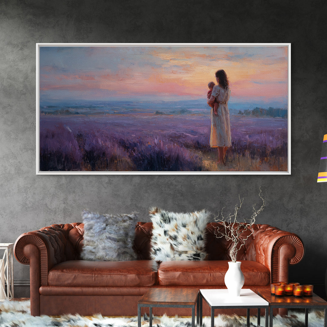 Mother Holding Baby At Lavender Field Sunset Canvas Print, Purple Landscape Wall Art, Mothers Day Gift, Bedroom Decor, Home Decor