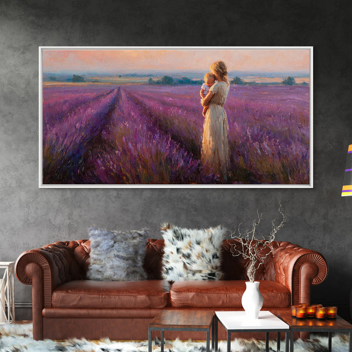 Mother And Baby In Lavender Rows At Golden Sunset Framed Canvas Print, Provence Landscape Wall Art, Gift For Mom, Home Decor