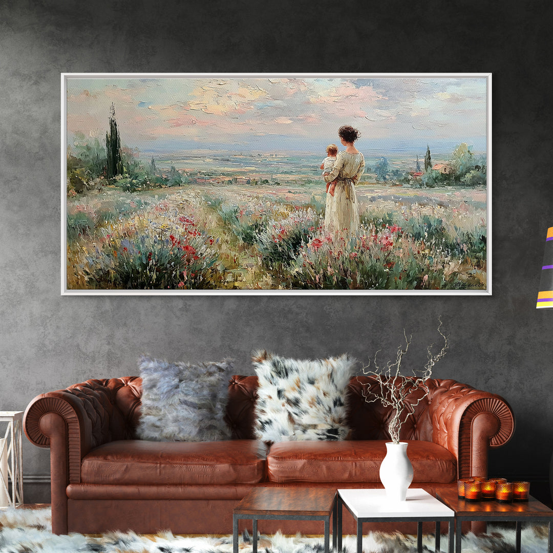 Mother With Baby Over Tuscan Wildflower Valley Canvas Print, Italian Countryside Wall Art, Mothers Day Gift, Living Room Decor