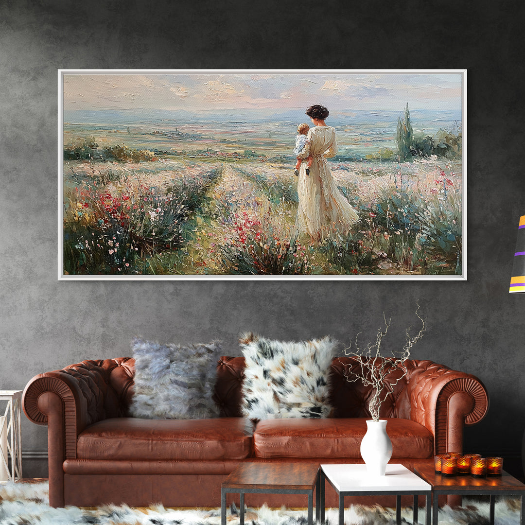 Mother Holding Baby Beside Tuscan Garden Path Wall Art, Italian Landscape Print, Framed Canvas Print, Housewarming Gift, Home Decor