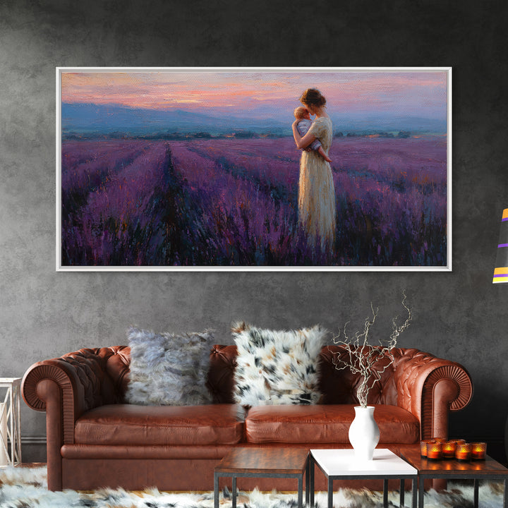 Mother And Baby In Lavender Field At Rose Dusk Canvas Print, Purple Landscape Wall Art, Mothers Day Gift, Romantic Home Decor
