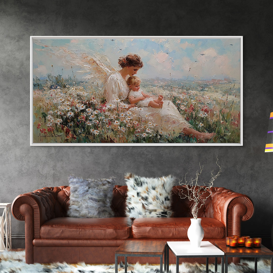 Seated Angel Holding Baby In Daisy Wildflower Meadow Framed Canvas Print, Christian Nursery Wall Art, Spiritual Home Decor