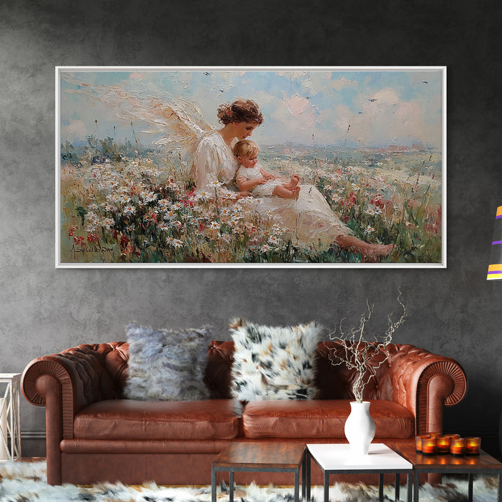 Seated Angel Holding Baby In Daisy Wildflower Meadow Framed Canvas Print, Christian Nursery Wall Art, Spiritual Home Decor