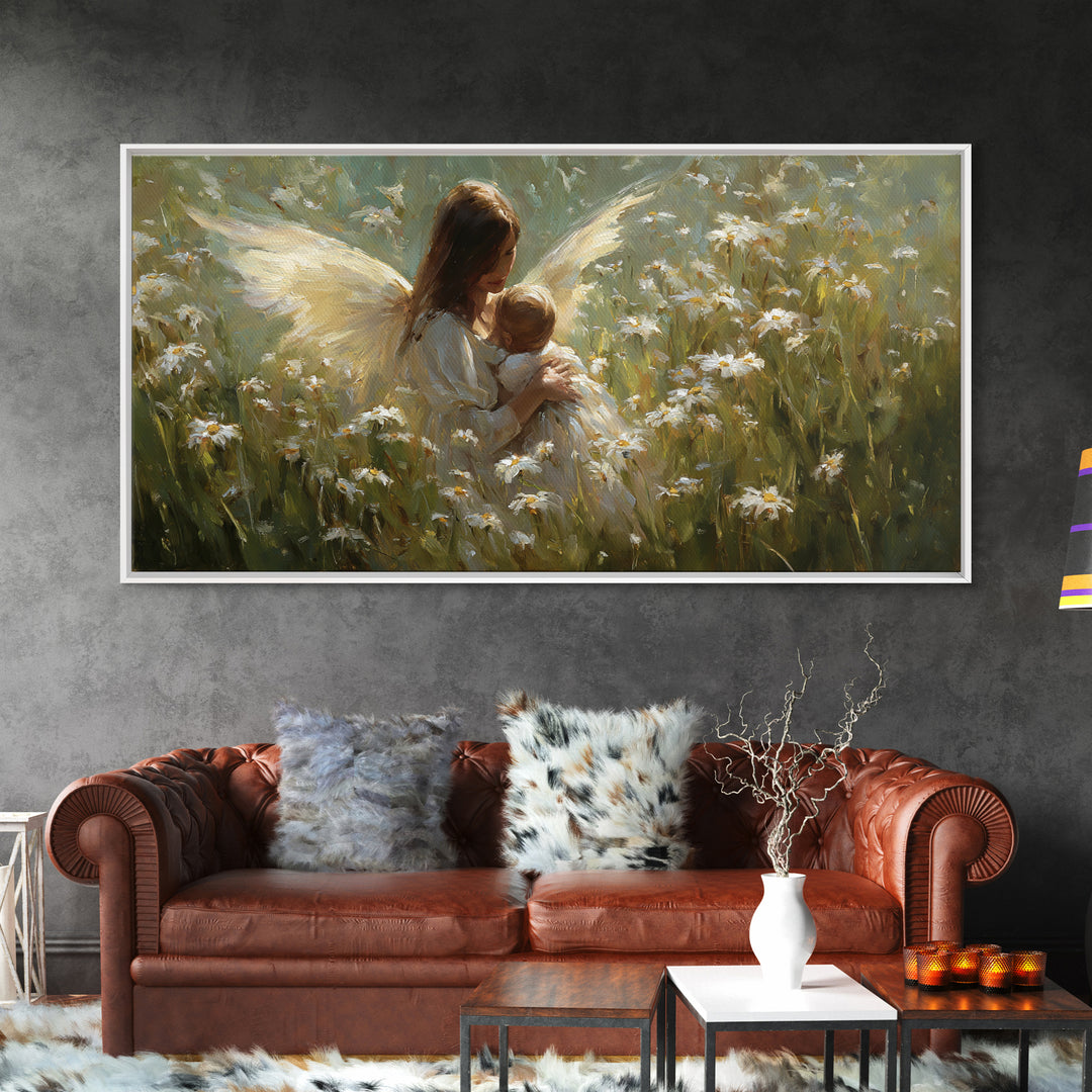 Guardian Angel Mother And Baby In Daisy Meadow Wall Art, Christian Nursery Decor, Spiritual Gift, Feminine Bedroom Decor