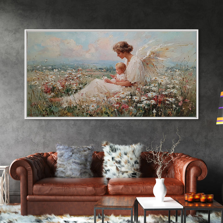Angel Mother And Baby Over Wildflower Hills Canvas Print, Christian Wall Art, Nursery Decor, Housewarming Gift For Her, Living Room Decor