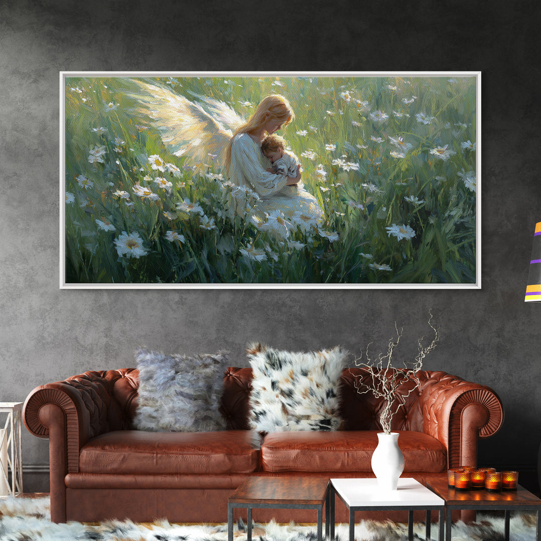 Golden Winged Mother And Sleeping Child In Daisy Field Framed Canvas Print, Christian Nursery Wall Art, Calming Bedroom Decor