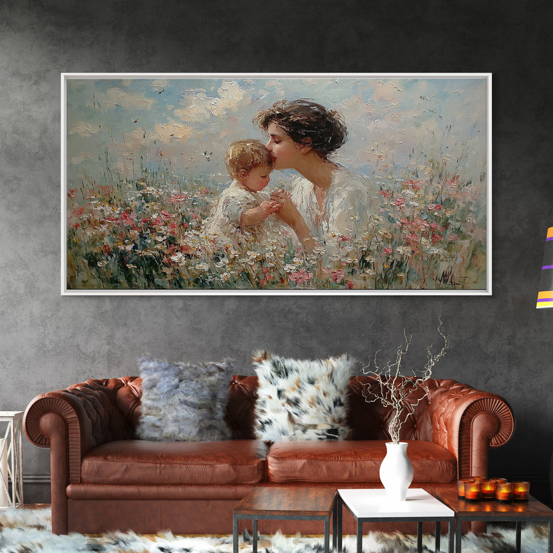 Mother Kissing Baby Among Wildflowers Wall Art, Impressionist Christian Art Print, Nursery Decor, Gift For Mom, Living Room Wall Art