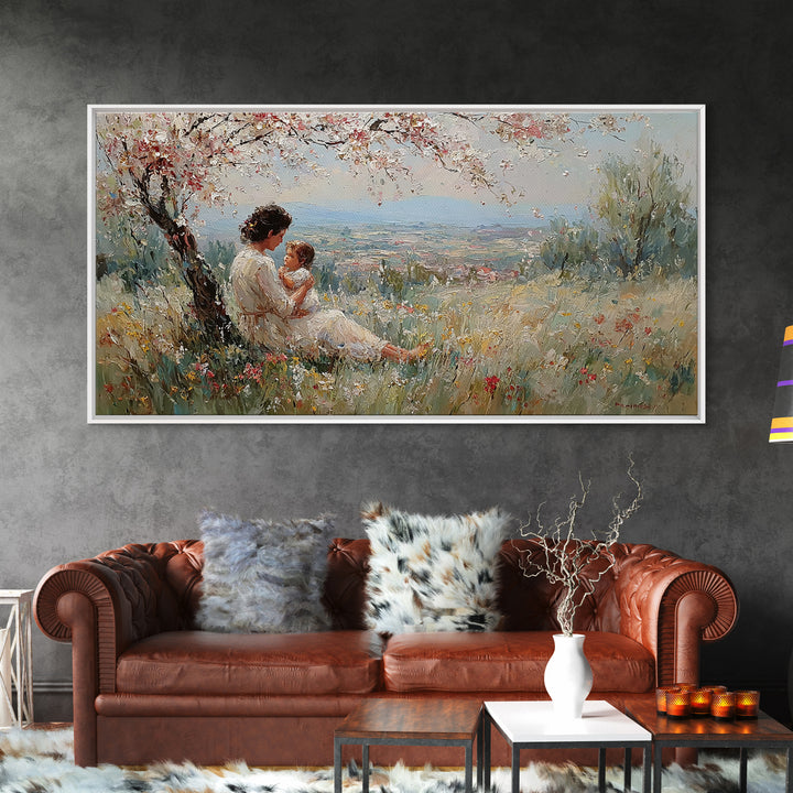 Mother And Child In Blooming Hillside Meadow Canvas Print, Spring Wall Art, Feminine Nursery Decor, Housewarming Gift, Living Room Decor