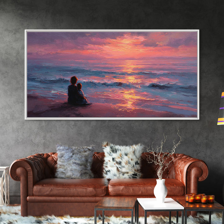Mother And Child Watching Ocean Sunset Wall Art, Coastal Beach Canvas Print, Gift For Mom, Nursery Decor, Bedroom Wall Decor