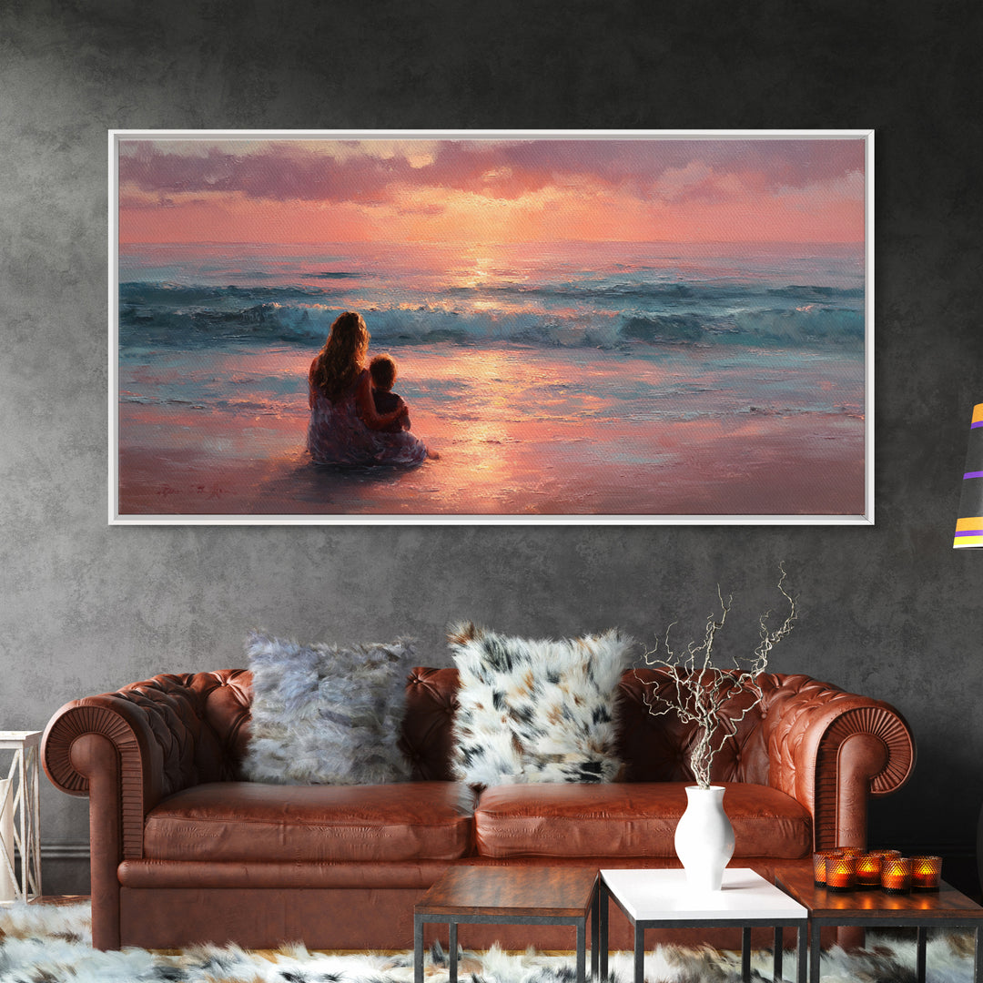 Mother And Child By Pink Ocean Sunset Wall Art, Coastal Seascape Canvas Print, Gift For Mom, Nursery Decor, Living Room Art