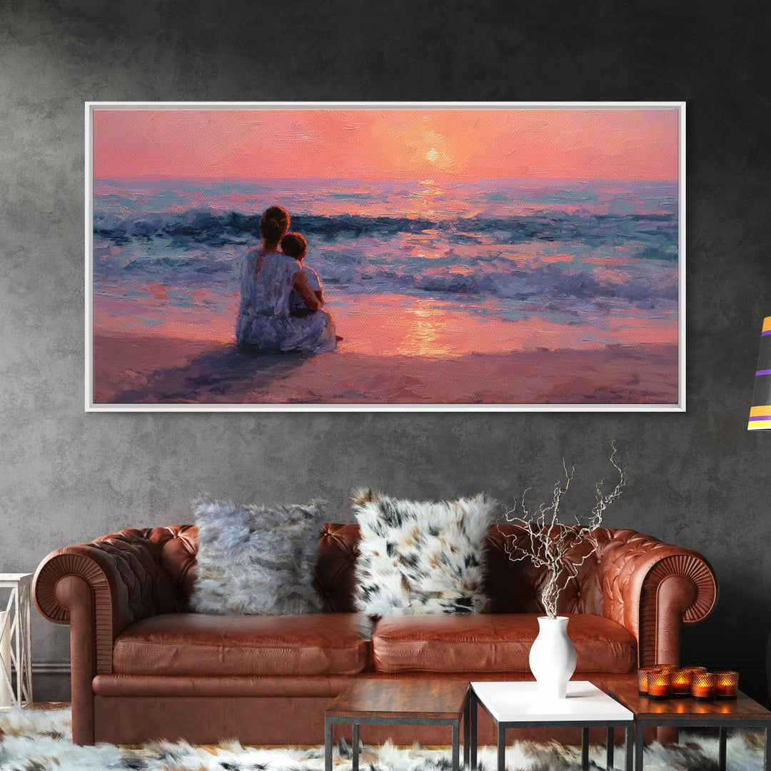 Mother Holding Baby At Rose Ocean Sunset Wall Art, Coastal Canvas Print, Nursery Decor, Gift For Mom, Romantic Bedroom Art