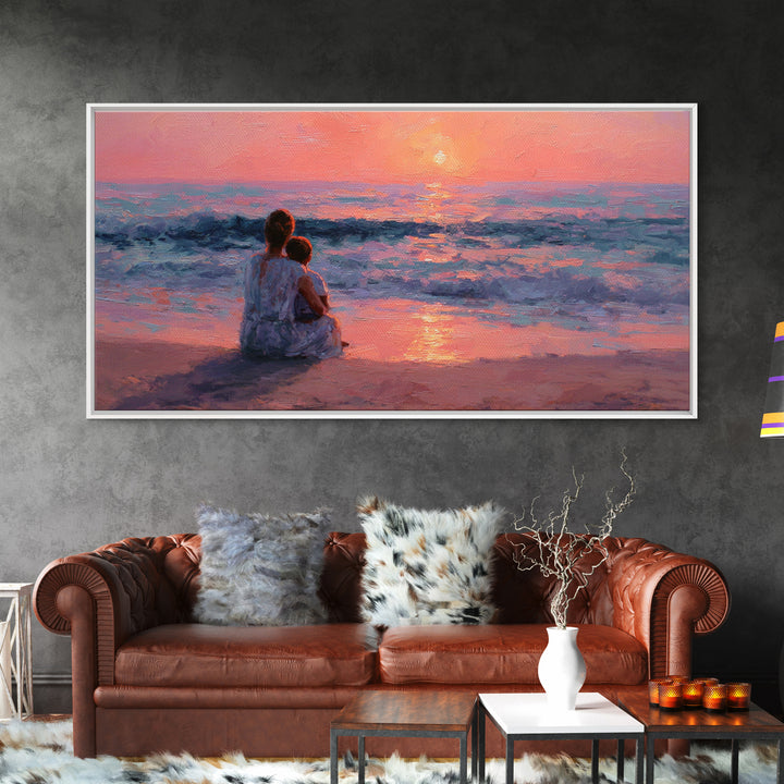 Mother Holding Baby At Rose Ocean Sunset Wall Art, Coastal Canvas Print, Nursery Decor, Gift For Mom, Romantic Bedroom Art