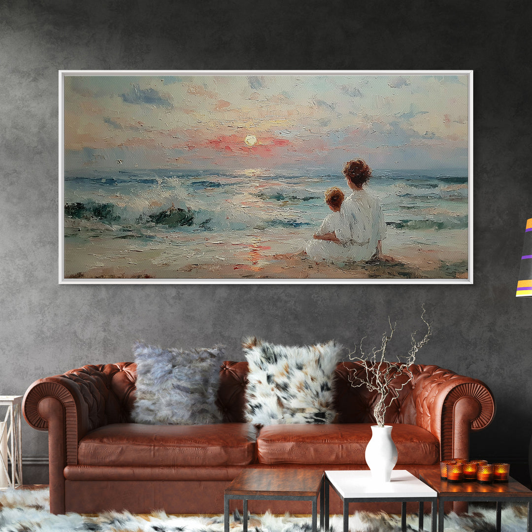 Mother And Child Seaside Sunrise Framed Canvas Print, Pastel Coastal Wall Art, Nursery Decor, Gift For Mom, Beach House Decor