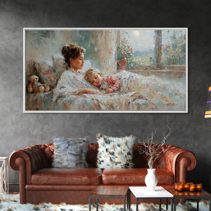 Mother And Child Morning Bedtime Wall Art, Impressionist Canvas Print, Nursery Decor, Gift For Mom, Cozy Bedroom Wall Decor