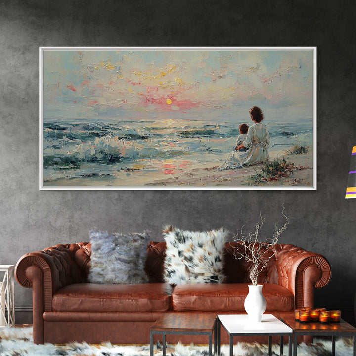 Mother And Child Watching Pastel Sea Sunset Wall Art, Coastal Framed Canvas Print, Nursery Decor, Gift For Mom, Beach Decor
