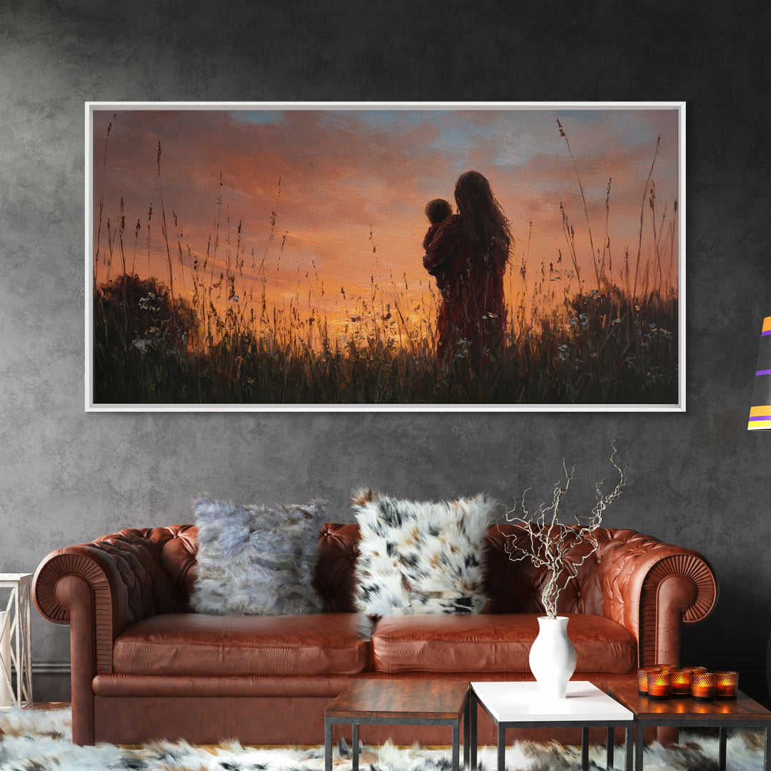 Mother And Baby Silhouette At Golden Sunset Wall Art, Rustic Landscape Canvas Print, Nursery Decor, Gift For Mom, Moody Wall Art