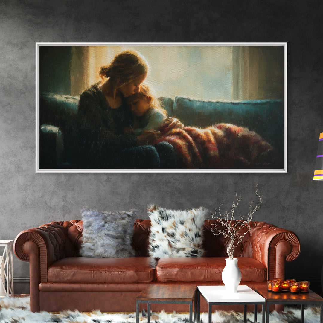 Mother Cuddling Child By Window Wall Art, Moody Bedroom Canvas Print, Nursery Decor, Gift For Mom, Cozy Home Decor, Fine Art