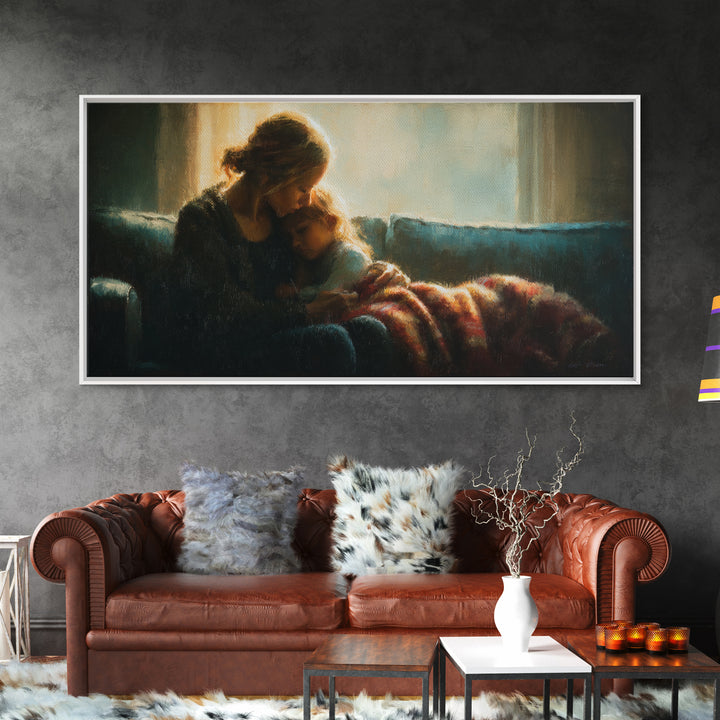 Mother Cuddling Child By Window Wall Art, Moody Bedroom Canvas Print, Nursery Decor, Gift For Mom, Cozy Home Decor, Fine Art