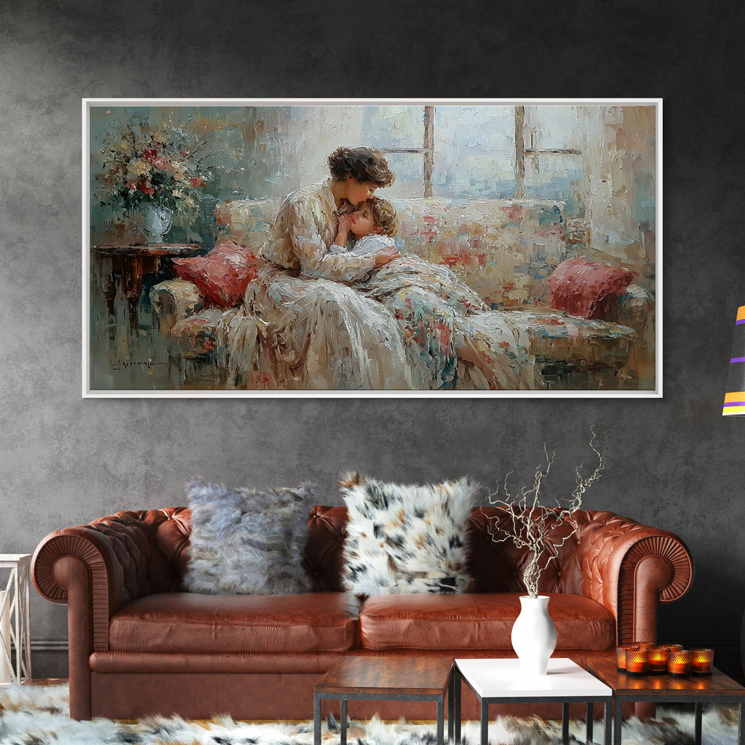 Mother And Baby Morning Embrace Wall Art, Impressionist Nursery Decor, Cozy Bedroom Print, Gift For Mom, Framed Fine Art