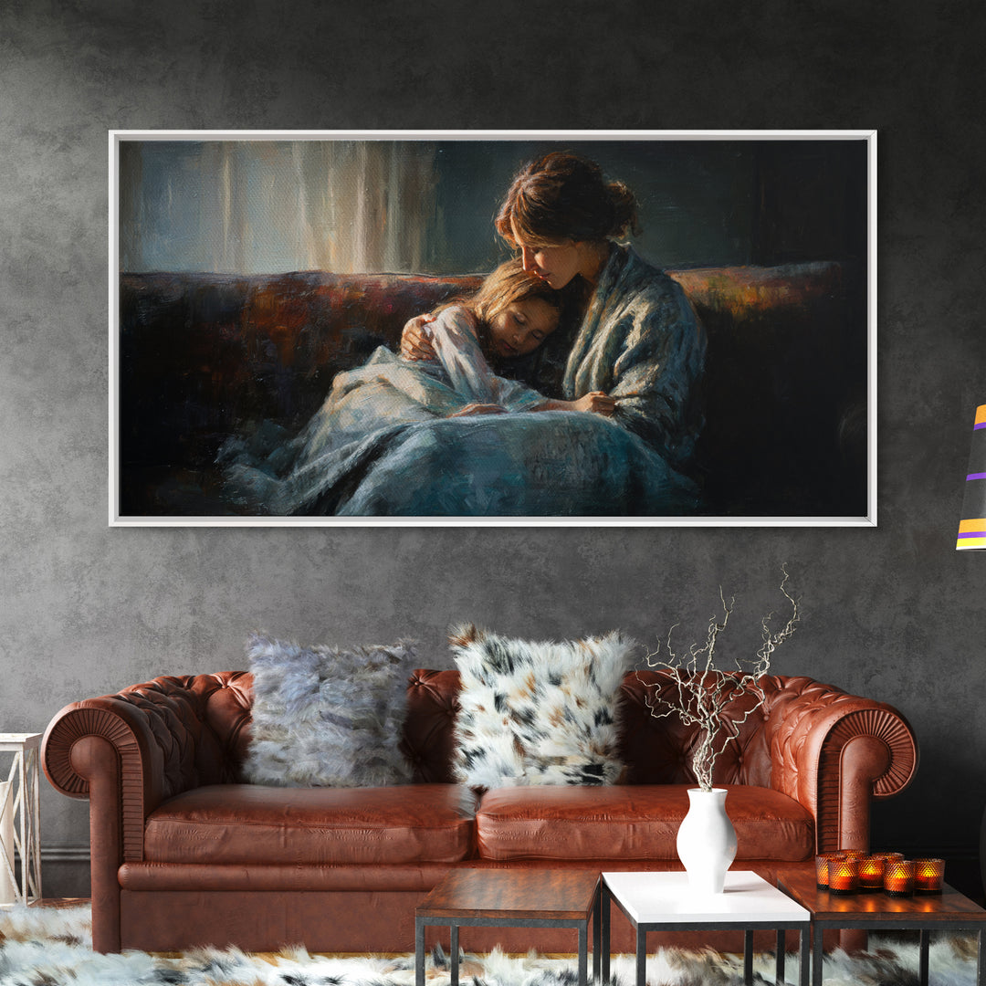 Mother And Sleeping Child Canvas Print, Moody Impressionist Wall Decor, Cozy Bedroom Art, Gift For Her, Warm Home Decor Print