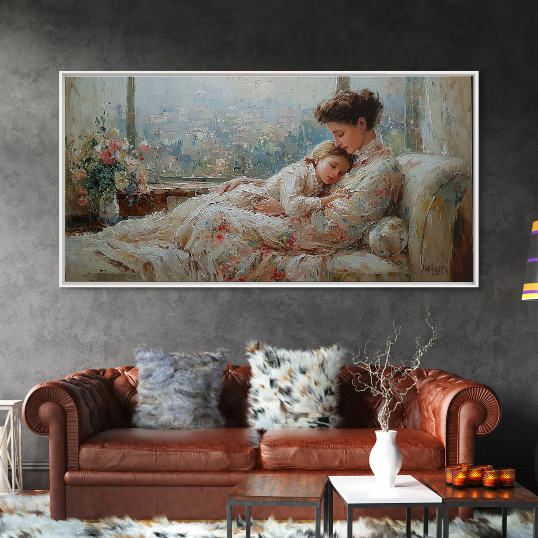 Tender Mother And Child Framed Canvas Print, Soft Impressionist Wall Art, Nursery Decor, Bedroom Wall Decor, Gift For Mom