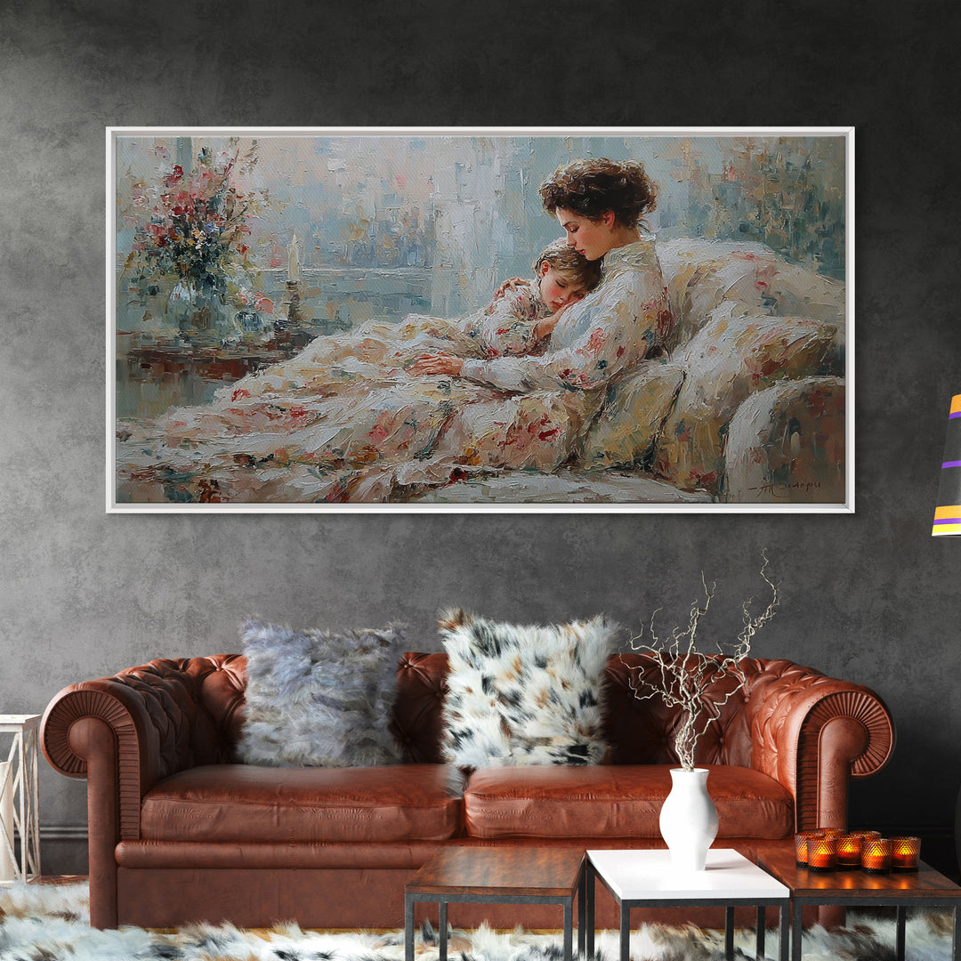 Mother And Child Floral Blanket Wall Art, Impressionist Canvas Print, Cozy Nursery Decor, Feminine Bedroom Art, Gift For Her
