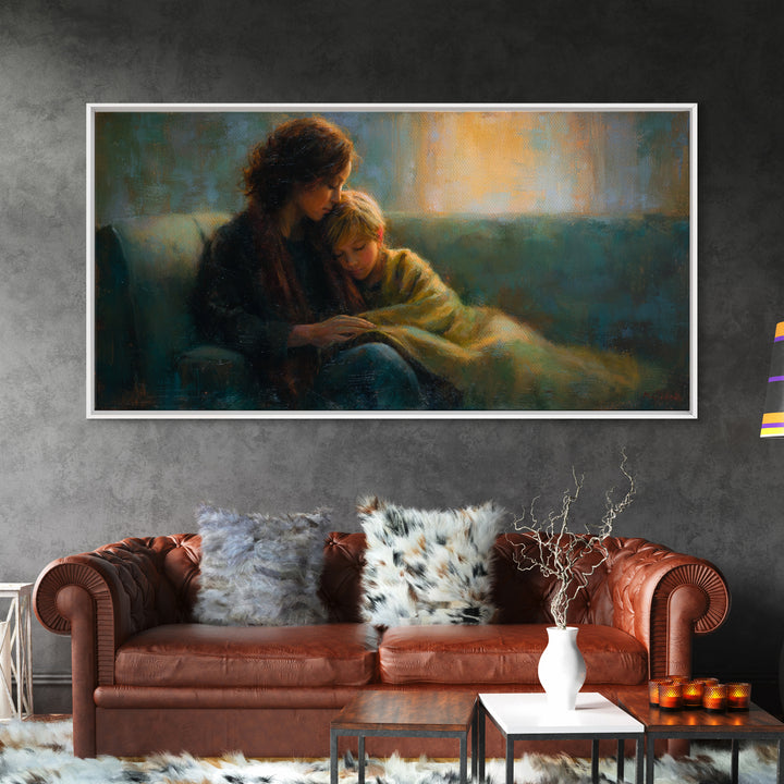 Mother Comforting Child Canvas Print, Moody Figurative Wall Art, Warm Living Room Decor, Cozy Bedroom Print, Gift For Mom