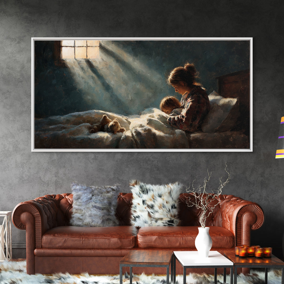 Mother Tucking Child Into Bed Wall Art, Sunlit Impressionist Nursery Decor, Cozy Bedroom Wall Decor, Teddy Bear Art Print