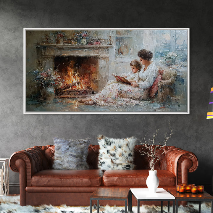 Mother And Child Reading By Fireplace Framed Canvas Print, Cozy Living Room Wall Art, Storybook Nursery Decor, Gift For Mom