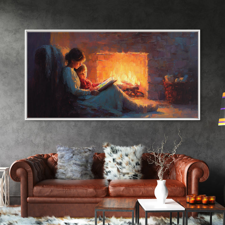 Mother And Child Fireside Reading Canvas Print, Warm Storybook Wall Art, Cozy Cabin Decor, Nursery Art, Gift For Book Lover