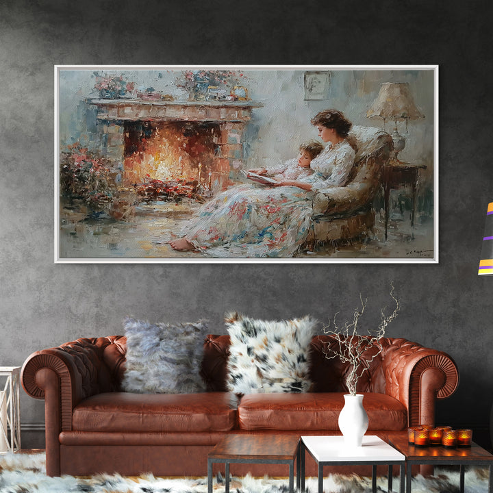 Mother And Child Reading Near Fireplace Wall Art, Impressionist Living Room Decor, Cozy Bedroom Art, Housewarming Gift Print