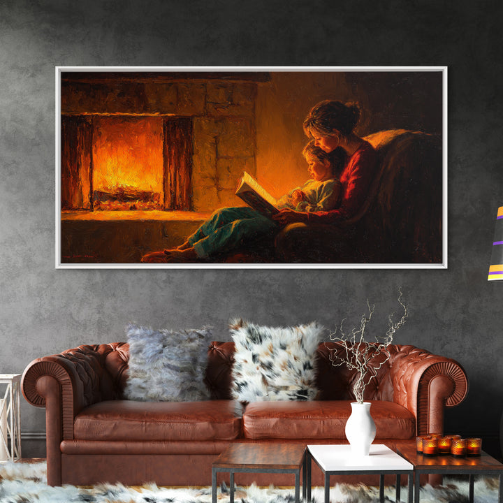 Cozy Mother And Child Reading Framed Canvas Print, Warm Fireplace Wall Art, Storybook Bedroom Decor, Gift For Mom, Fine Art