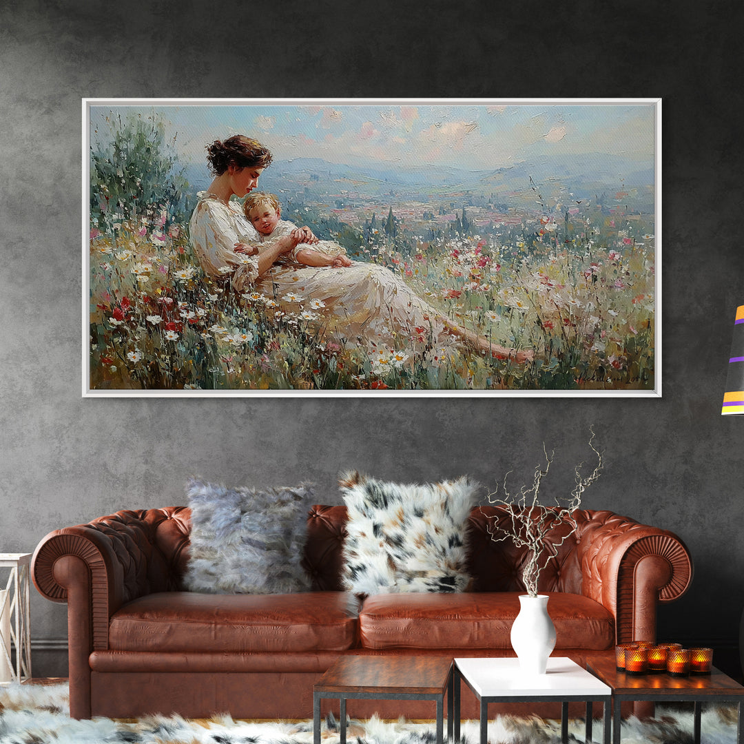 Mother And Baby Wildflower Meadow Wall Art, Impressionist Landscape Canvas Print, Nursery Decor, Gift For Mom, Home Decor