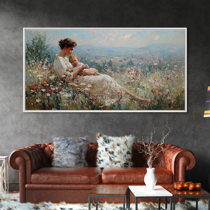 Mother And Baby Wildflower Meadow Wall Art, Impressionist Landscape Canvas Print, Nursery Decor, Gift For Mom, Home Decor