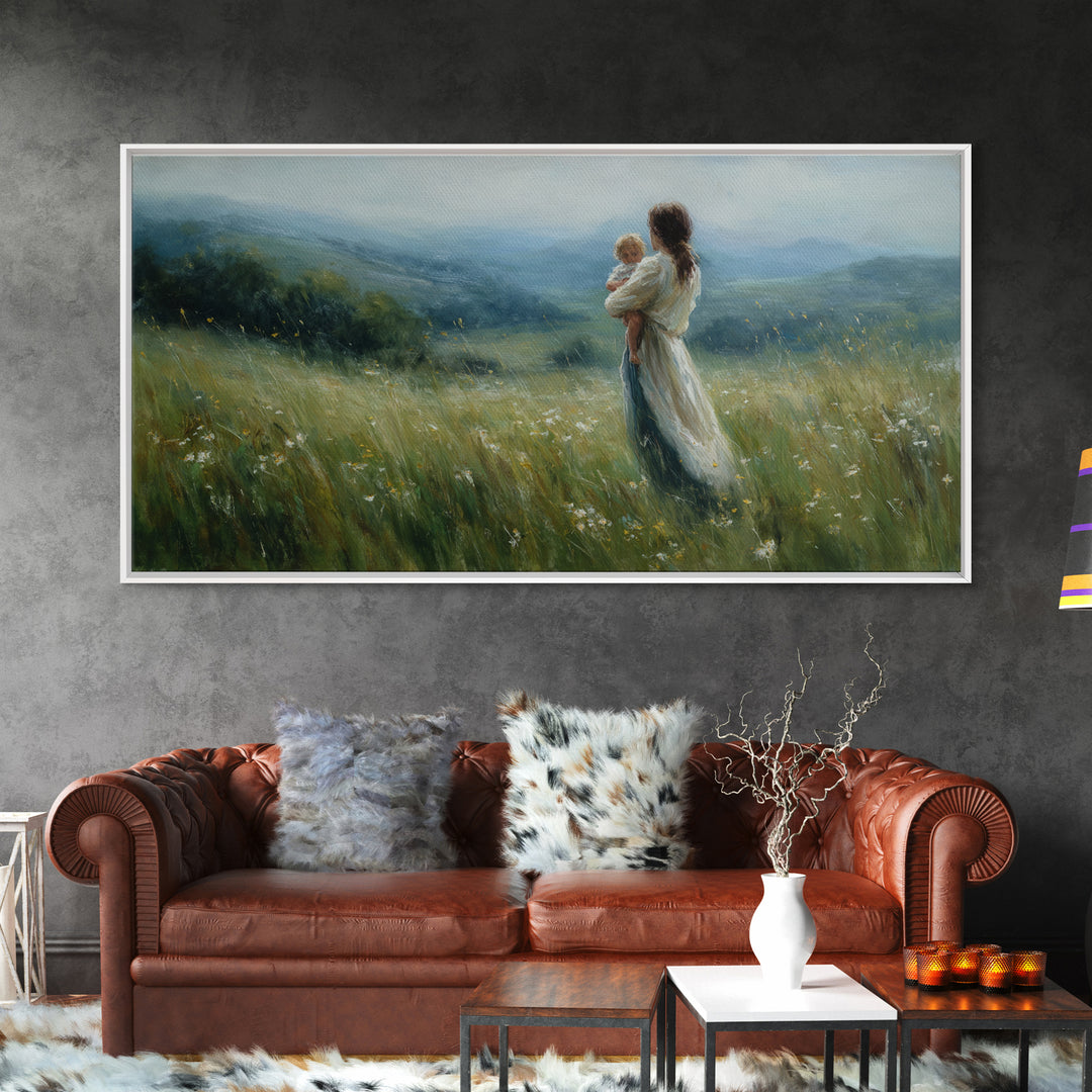 Mother Holding Baby In Misty Meadow Wall Art, Impressionist Landscape Painting, Serene Nursery Decor, Gift For Mom, Home Decor
