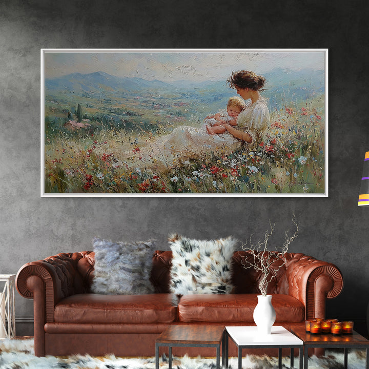 Mother And Infant In Flower Meadow Wall Art, Impressionist Landscape Canvas Print, Feminine Nursery Decor, Gift For Mom, Home Decor