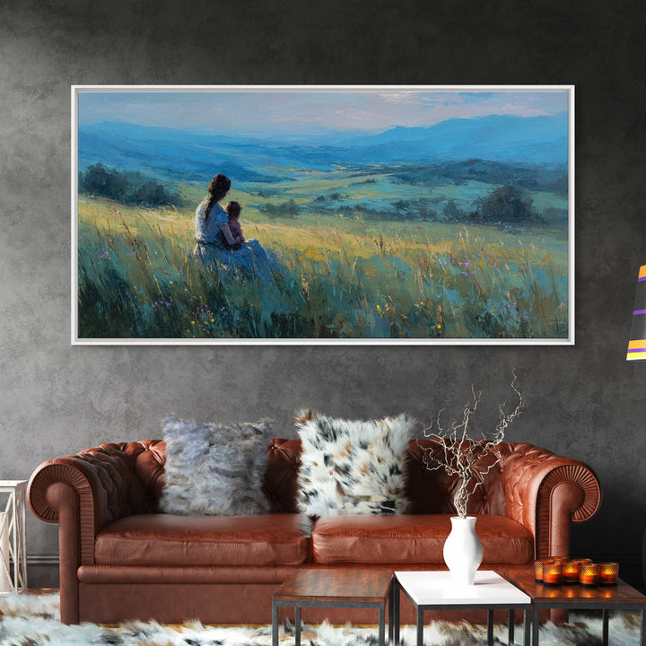 Mother And Child Over Blue Valley Wall Art, Peaceful Landscape Painting, Impressionist Canvas Print, Living Room Decor, Home Decor