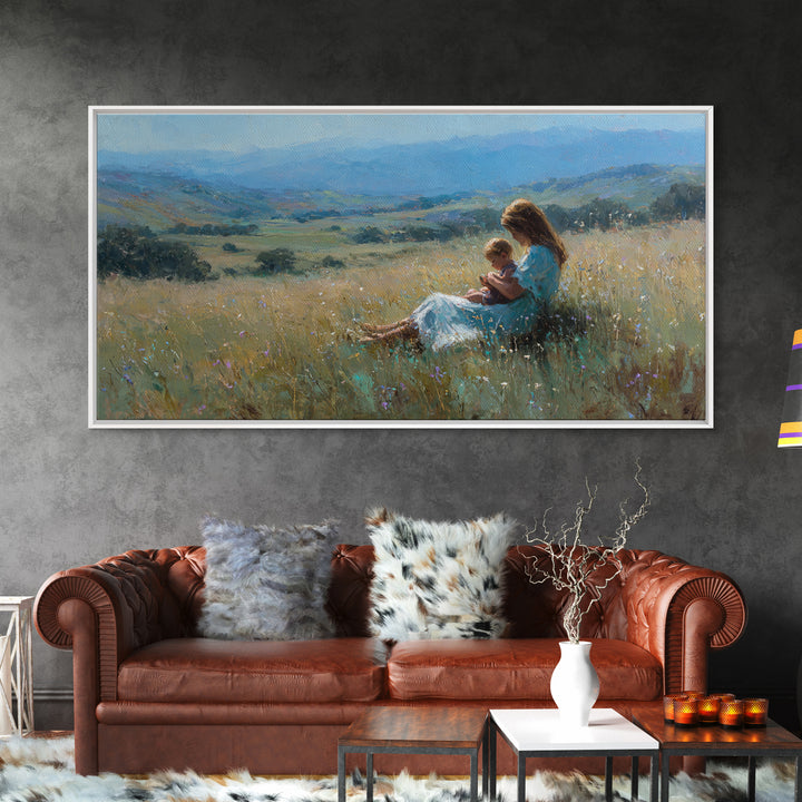 Mother And Baby In Golden Meadow Wall Art, Impressionist Mountain Landscape Canvas Print, Nursery Decor, Housewarming Gift