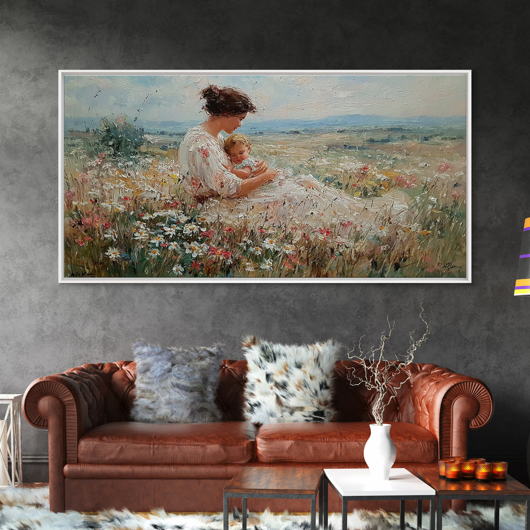 Mother Cuddling Baby In Daisy Meadow Wall Art, Textured Impressionist Canvas Print, Feminine Nursery Decor, Gift For Her